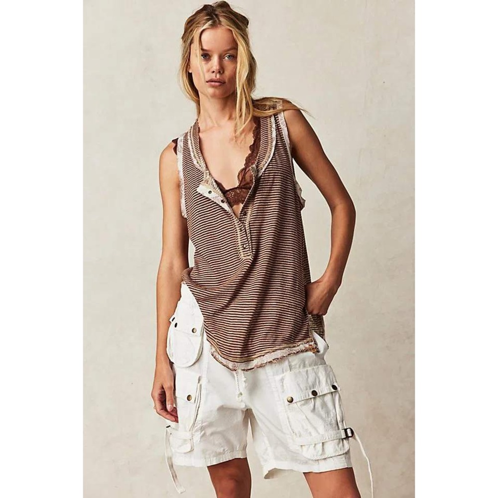 Free People Tank Top Striped Henley Medium Brown Linen Blend Boho Sleeveless